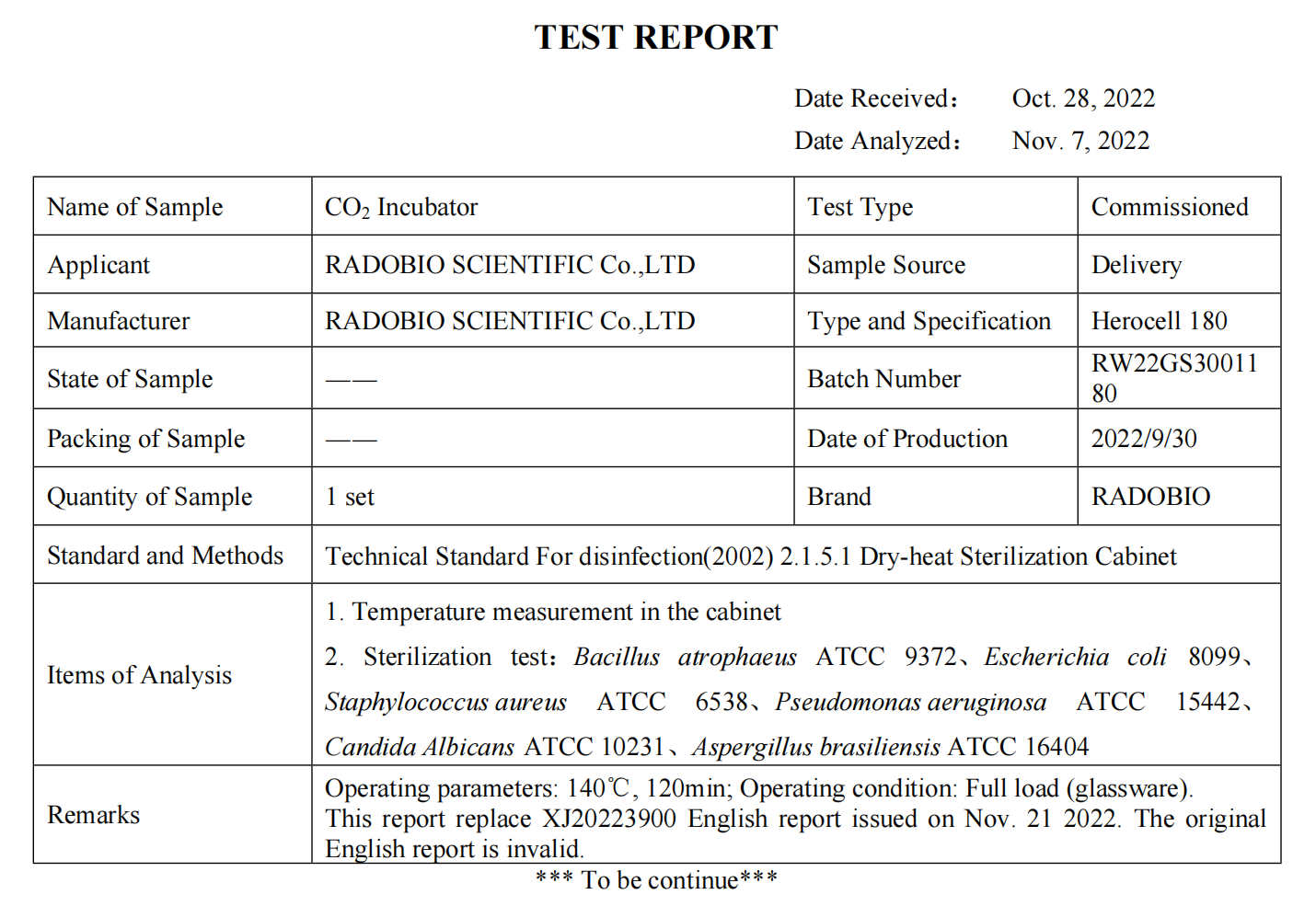 C180SE CO2 Incubator Sterilization Effectiveness Certification